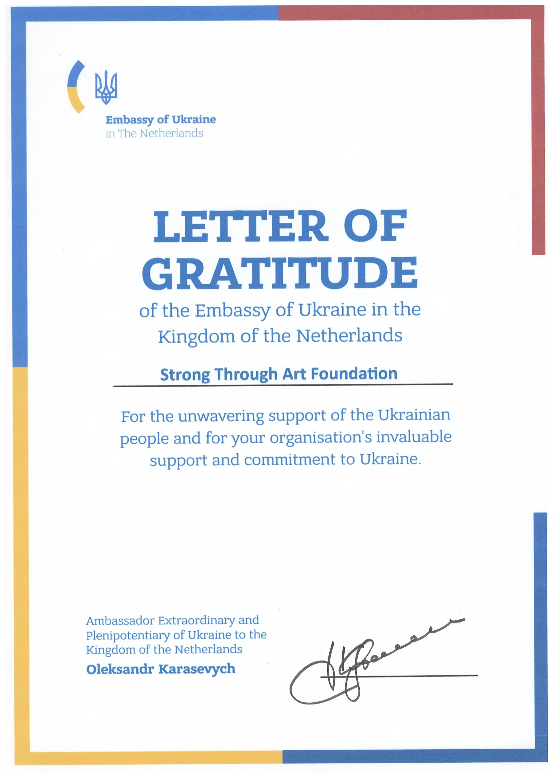 Strong Through Art Foundation Honored by Ukrainian Embassy